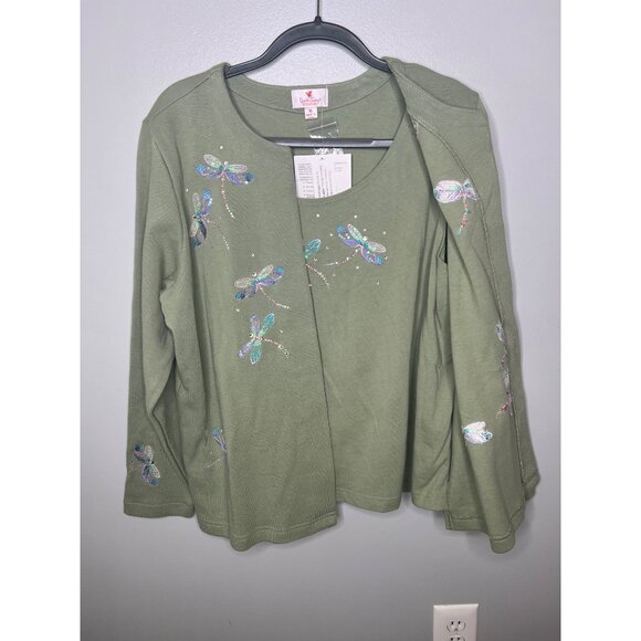 Quacker Factory2 In 1 Sweater Womens XL Green With Embroidered Dragonflies XL - Picture 3 of 12